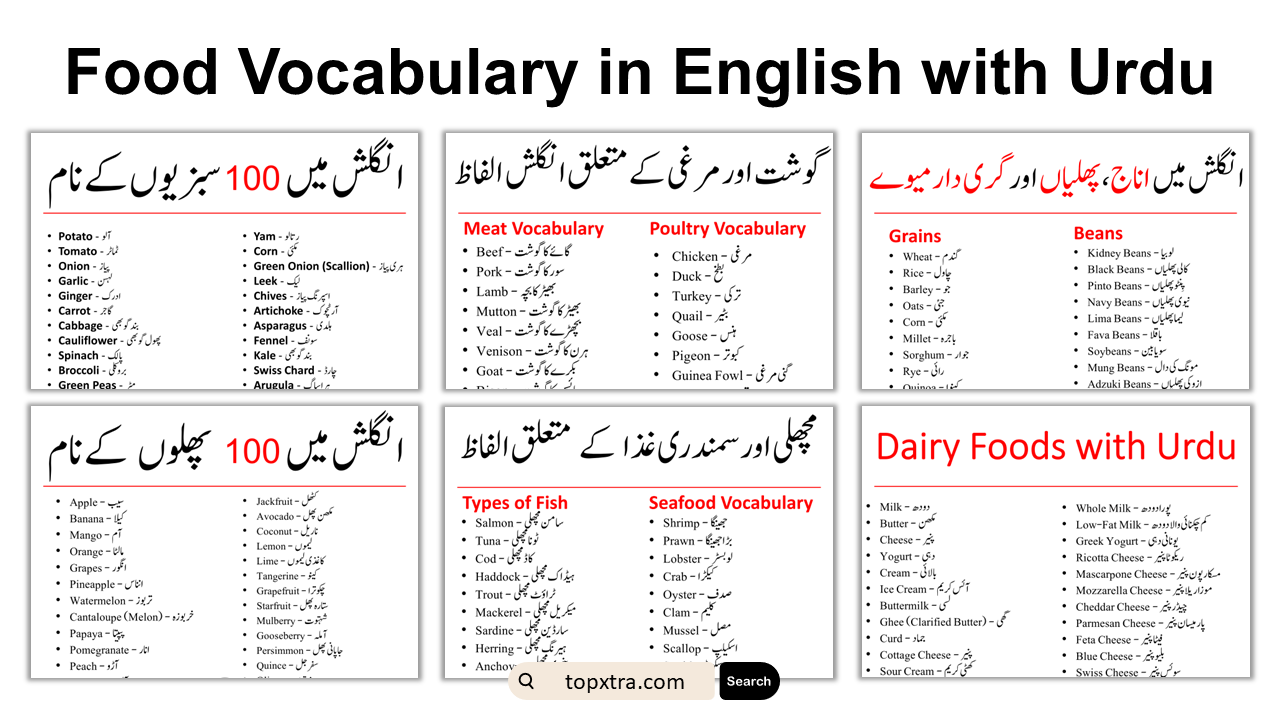 Food Vocabulary in English with Urdu | Types of Food