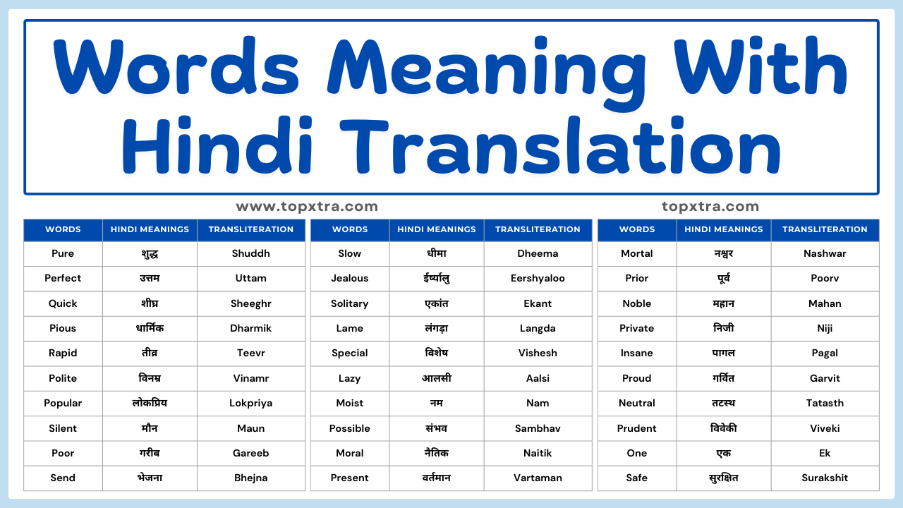 100 Words Meaning with Hindi Translation